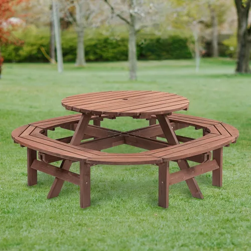 Miniatura 8 de Mesa de picnic redonda de madera para 6 personas, mesa de comedor al aire libre de 35 pulgadas con 3 bancos integrados, agujero para paraguas, mesa
