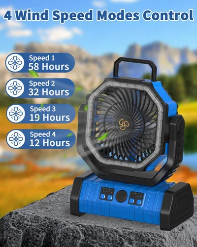 Miniatura 3 de ADUST Ventilador Portátil de Campamento con Batería, Ventilador con Luz LED 20000mAh Recargable, Oscilación Automática, Rotación de 270°, Gancho