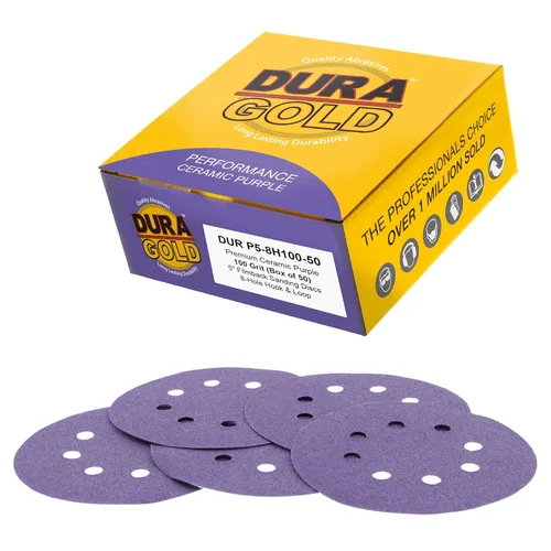 Miniatura 14 de Dura-Gold Discos de lijado de cerámica de película púrpura de 5 pulgadas, patrón de 8 agujeros, caja de 50 – Papel de lija sin polvo con gancho