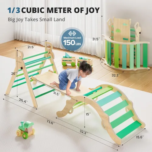 Miniatura 2 de BlueWood Conjunto de Triángulo Pikler, Juguetes de Escalada de Madera para Niños Pequeños para Interiores 7 en 1 Escalador Plegable para Niños