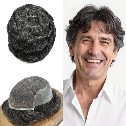 Miniatura 38 de Toupee - Sistemas de reemplazo de cabello para hombre, encaje frontal suizo, nudo blanqueado, pieza de cabello humano natural 1# negro azabache, 8 x