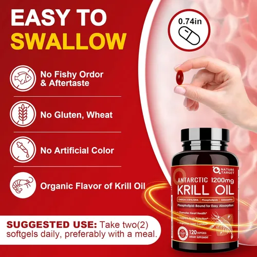 Miniatura 5 de Nature TARGET Aceite de krill de 1200 mg con omega-3 EPA y DHA con astaxantina, fosfolípidos y colina, apoya el corazón, el cerebro, la salud, sin