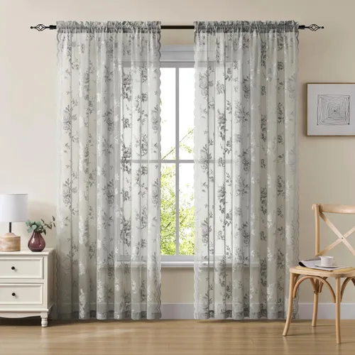 Miniatura 66 de SEEKRIGHT - 2 paneles de cortinas traslúcidas de encaje negro, cortinas góticas florales, cortinas victorianas con bolsillo para cortinero