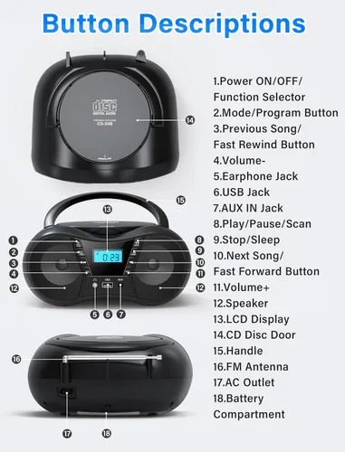 Miniatura 8 de Greadio Boombox Reproductor de CD portátil para el hogar con Bluetooth, Combo de Reproductor de CD Boom Box y Radio FM, Sonido Estéreo, Alimentado