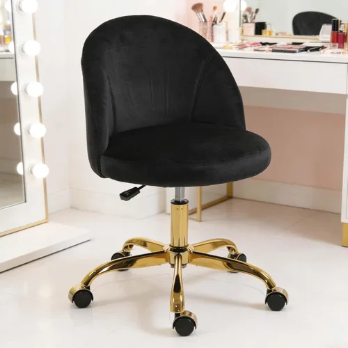 Silla de tocador negra y dorada con respaldo, silla pequeña para tocador, sillas de maquillaje giratorias de terciopelo y bonitas sillas déak con