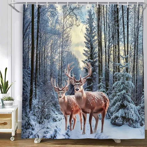 Miniatura 4 de MERCHR Cortina de Ducha de Nieve de Bosque Invernal, Cortina de Ducha de Pino Navideño y Venado Copo de Nieve para Baño, Decoración Festiva Navideña