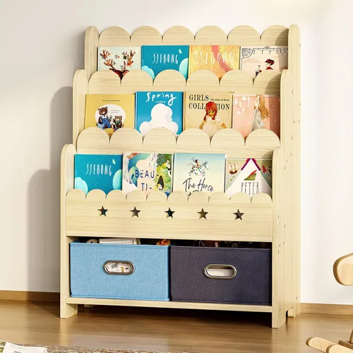 EXPERLAM Estantería infantil 2 en 1 con 2 cajones de almacenamiento de juguetes, estantería frontal festoneada de 3 niveles para niños, organizador