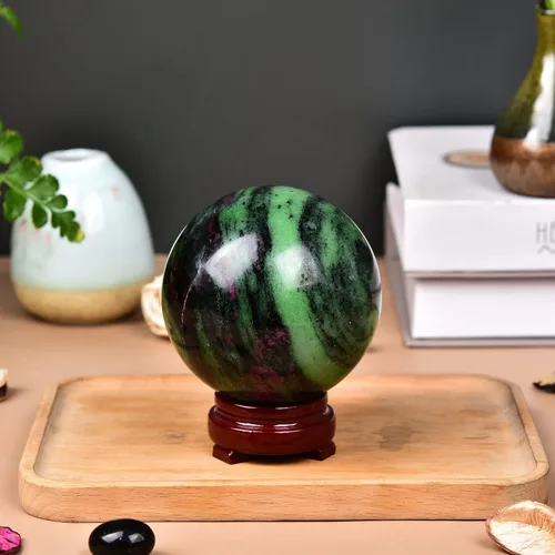 Miniatura 3 de JIC Gem Esfera grande de piedra preciosa de rubí zoisita bola de cristal curativa esfera de cristal rojo y verde con soporte de madera bola