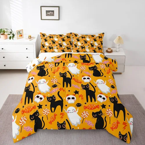 Erosebridal Juego de edredón de Halloween para niños, tamaño individual, juego de ropa de cama de calavera de azúcar para decoración de habitación