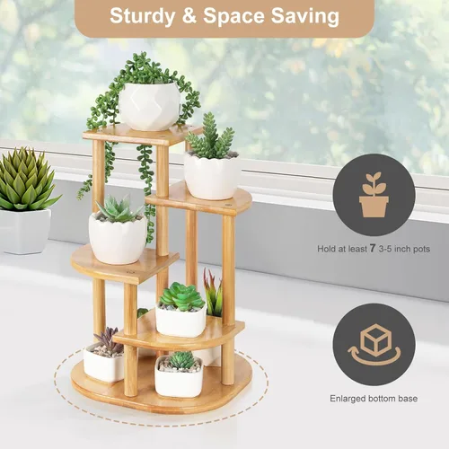 Miniatura 3 de Jotsport Soporte de bambú de 5 niveles para plantas, estante pequeño para alféizar de ventana, mini suculentas, soporte de exhibición para sala