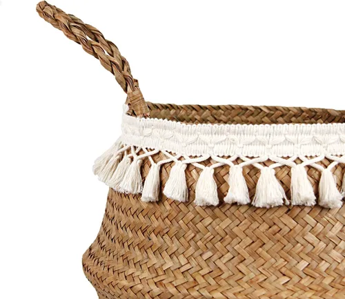 Miniatura 4 de Canasta Tejida Boho de Pasto Marino para Almacenamiento, Canasta para Plantas o Juguetes, para la Sala o el Baño (Grande, Beige)