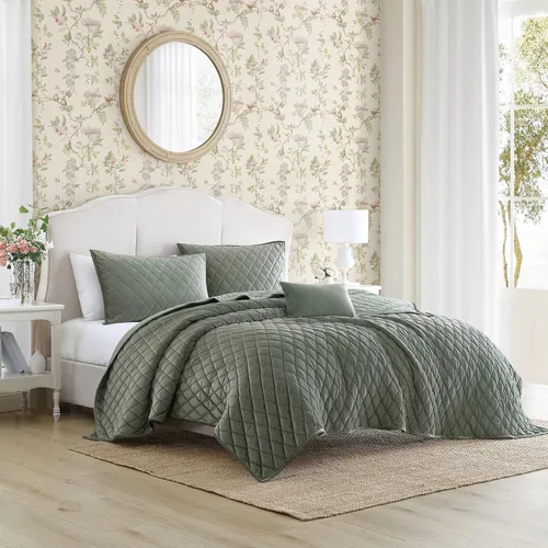 Miniatura 6 de Laura Ashley - Juego de edredón Queen, ropa de cama reversible de terciopelo sólido, decoración del hogar para todas las estaciones con fundas