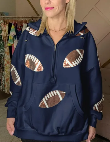 Miniatura 8 de SeekMe Sudaderas con capucha de lentejuelas para mujer, para el día del partido, suéteres de manga larga con cremallera y bolsillo