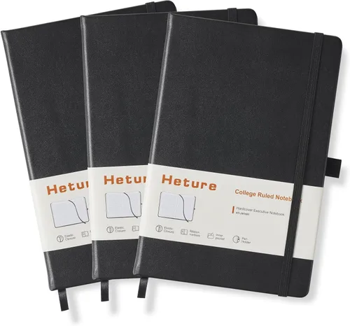 Heture Cuadernos de tapa dura, cuadernos rayados A5 para escribir 160 páginas, 8.2 x 5.5 pulgadas, cuadernos clásicos rayados para Negro
