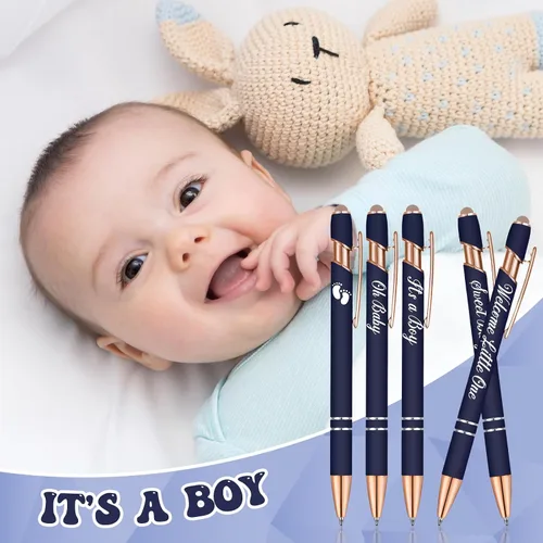 Miniatura 4 de Jspupifip 50 bolígrafos de baby shower con punta de lápiz capacitivo, bolígrafos retráctiles de metal con texto en inglés "It's a Boy or Girl", Azul