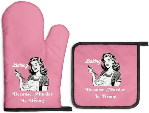 Baking Because Murder is Wrong - Divertidos guantes de horno y soportes para ollas, divertidos guantes de cocina retro para decoración de cocina