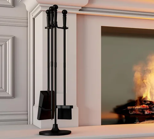 Miniatura 5 de Juego de herramientas para chimenea Fire Beauty de 4 piezas en hierro forjado negro para interiores/exteriores incluye atizador, pala, cepillo