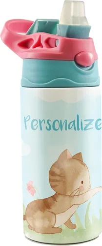 Miniatura 13 de All-Star Sports – Diseño rosa – Botella de agua pequeña de 12 onzas con popote de silicona desplegable – Personalizar con nombre – Aislamiento