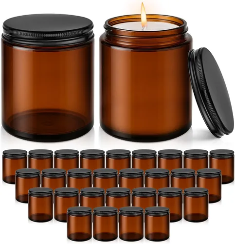 Tecohouse Tarros de vidrio de 8 onzas con tapas, 30 tarros de vela ámbar para hacer velas con etiquetas blancas y revestimientos interiores,