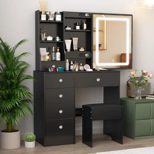 Miniatura 22 de Espejo de tocador con luces, escritorio y silla, 5 cajones y gabinete, mesa de maquillaje con espejo grande HD, 3 modos de iluminación, mesa