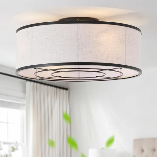 20 Inch Boho Ceiling Fan with Light, Low Profile Flush Mount Caged Ceiling Fan, Bladeless Black Drum Chandelier with Remote, 6 Speed Reversible DC