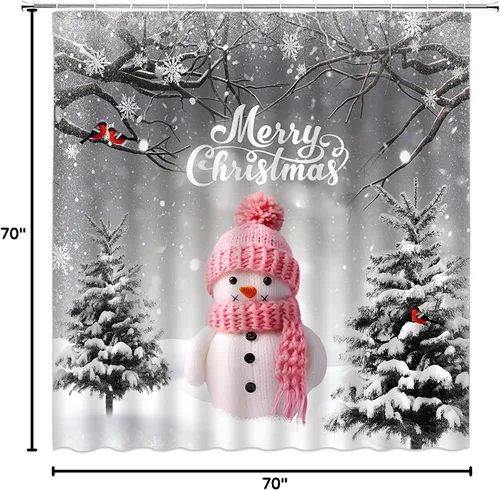 Miniatura 6 de Cortina de ducha de Navidad, muñeco de nieve rosa, rama de árbol, copo de nieve, vacaciones de invierno, paisajes naturales, cortina rústica gris