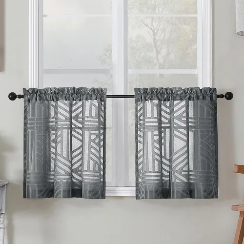 Miniatura 28 de Simplebrand Cortinas traslúcidas negras de cocina de 24 pulgadas de largo, 2 paneles, filtrado de luz, geométrico jacquard con textura, cortinas