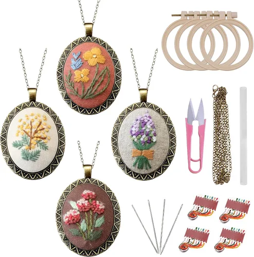 Miniatura 10 de ZOCONE 4 Paquetes de Kits de Collar de Bordado, Kit de Colgante de Bordado Mini Kit de Punto de Cruz con 4 Aros, Collar, Colgante, Tela