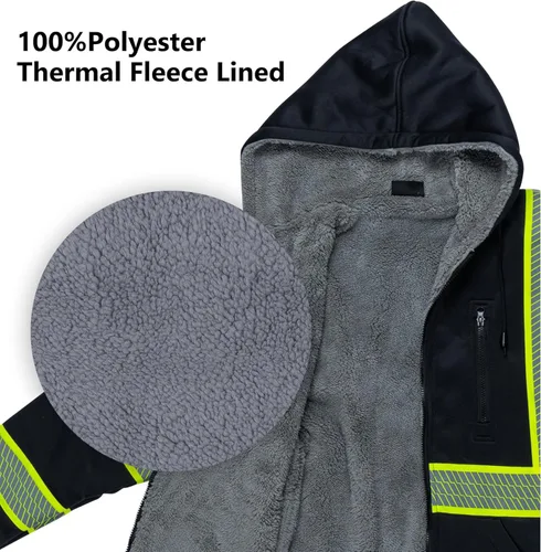 Miniatura 4 de VENDACE Sudadera con capucha para hombre, ANSI Clase 3, alta visibilidad, reflectante, de lana, con cremallera, con parte inferior negra (negro, 3XL)