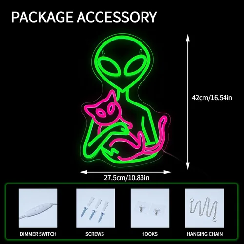 Miniatura 3 de Letrero de Neón Alienígena para Decoración de Pared Regulable Luces LED de Gatos Alienígenas para Dormitorio Luz de Neón Verde para Sala