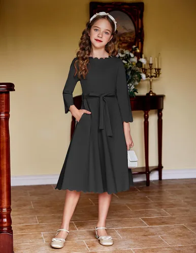 Miniatura 8 de Arshiner Vestido de fiesta para niñas con ribete festoneado, cinturón, acampanado, formal, por debajo de la rodilla, con bolsillos, para 6-15 años