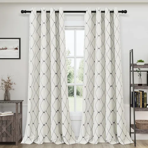 Miniatura 8 de Joywell Cortinas jacquard con ojales para sala de estar, 108 pulgadas de largo, línea ondulada negra con patrón de puntos, cortinas bordadas
