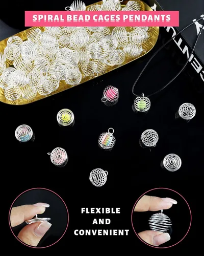 Miniatura 3 de JIALEEY Colgantes de jaulas de cuentas en espiral, 100 unidades de 0.78 x 0.98 pulgadas (0.787 x 0.984 in) chapadas en plata para collar de jaulas