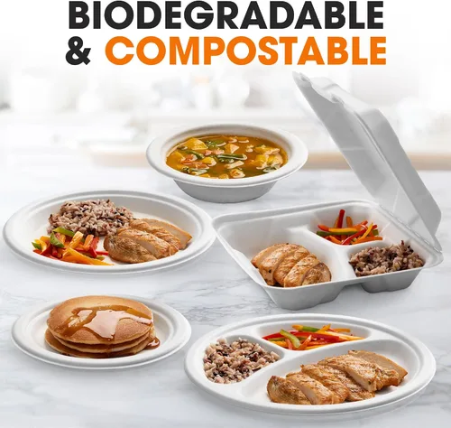 Miniatura 7 de Cheer Collection Platos de papel divididos compostables de 9 pulgadas, platos de papel 100% biodegradables de 3 secciones para alimentos calientes