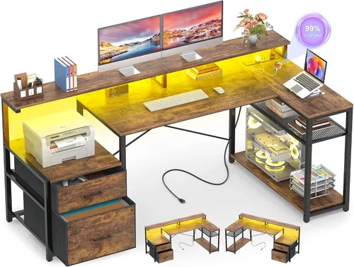 Miniatura 11 de Aheaplus Escritorio en forma de L con cajón de archivos, escritorio reversible en forma de L para computadora y juegos con toma de corriente