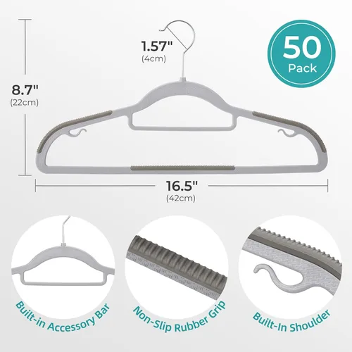 Miniatura 2 de HOUSE DAY Paquete de 50 perchas de plástico, perchas de plástico gris antideslizantes con agarre de goma, colgador resistente con gancho de metal