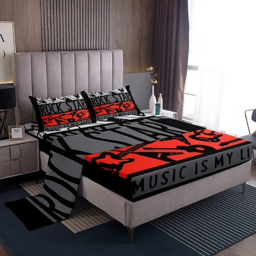 Miniatura 15 de Erosebridal Juego de sábanas con temática musical de música rock, tamaño Queen, juego de sábanas con estampado de notas musicales, juego de sábanas