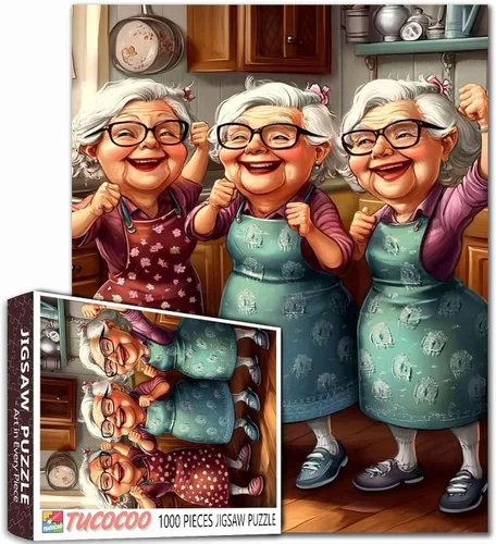 Miniatura 4 de Rompecabezas de mujer vieja de 1000 piezas para adultos, familias (niña, dama, pizza, naipe, vino tinto, amigas) piezas que encajan perfectamente