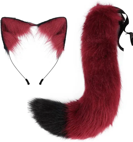 Miniatura 8 de Diadema de orejas de gato, juego de cola de zorro de lobo, hecho a mano, disfraz de animal para cosplay, tocado de piel sintética, accesorios