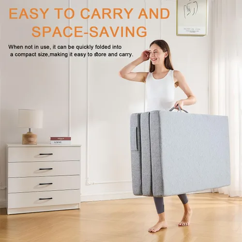 Miniatura 6 de Colchón triple tamaño matrimonial, de espuma viscoelástica plegable de 4 pulgadas, cama de invitados portátil con extraíble y lavable con asas