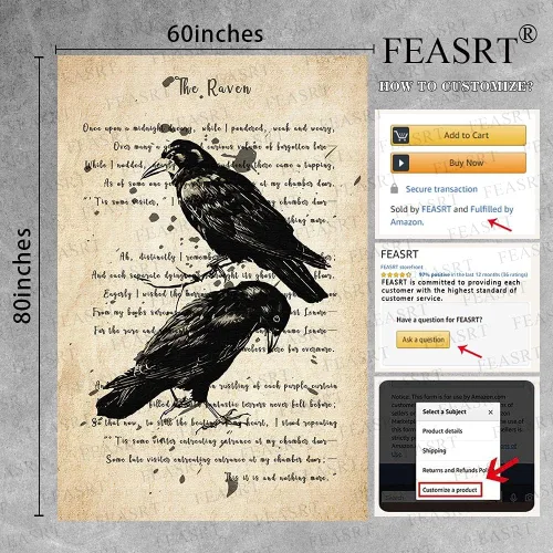 Miniatura 6 de FEASRT Tapiz gótico de calavera y cuervo, tapiz de pared The Raven Edgar Allan Poe, póster rústico de 51 x 60 pulgadas para sala de estar