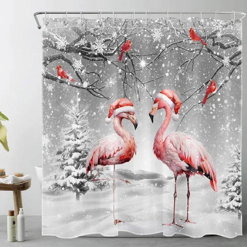 EOBTAIN Cortina de ducha de invierno de Navidad para baño, escena de invierno, copo de nieve, flamenco rosa y cardenal sobre árbol de pino, cortina