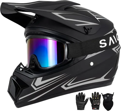 Miniatura 18 de Casco para jóvenes y niños de motocross, casco para adultos de ATV y bicicleta de tierra con gafas, guantes y máscara, casco de motocicleta de cara