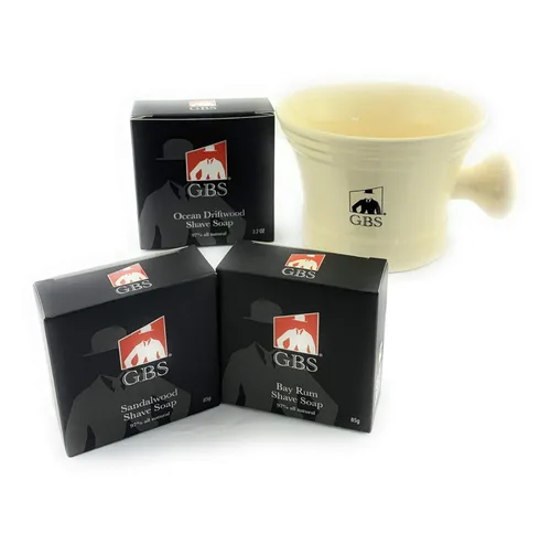 G.B.S Taza de afeitar de cerámica para hombre con mango de perilla y paquete de 3 jabones naturales