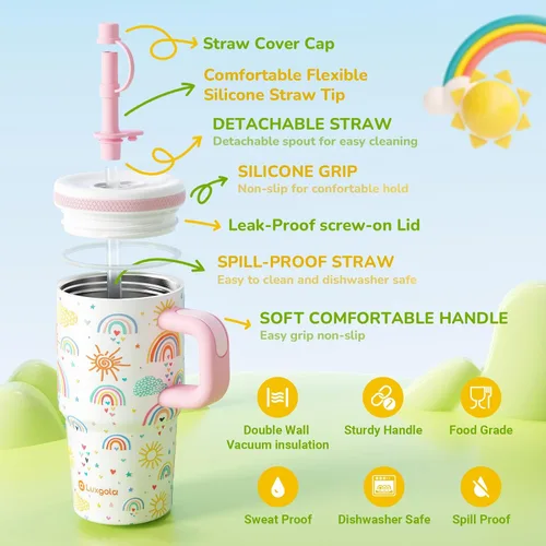 Miniatura 2 de Taza infantil de 20 oz con asa, tapa de rosca a prueba de fugas con pajita de silicona extraíble, a prueba de derrames, botella de agua reutilizable