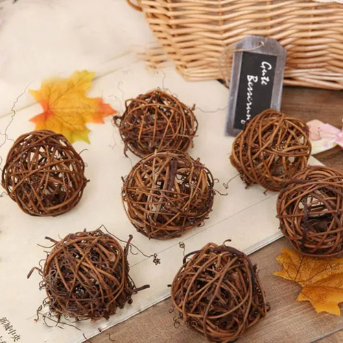 Miniatura 6 de 10 Uds. Bolas de mimbre de mimbre natural de la bola de vid ornamento loro pájaro masticar para fiesta de Navidad jardín decoración de pared 2.0 in