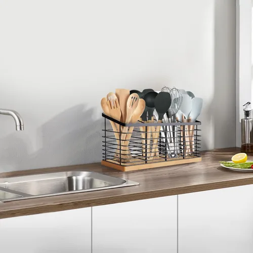 Miniatura 7 de Suli Soporte para utensilios de cocina extra grande con 4 compartimentos, soporte de metal negro mate con base de madera para encimera