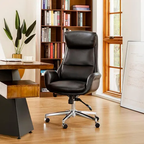 Miniatura 11 de Glitzhome Silla ejecutiva moderna de oficina para el hogar con respaldo alto - Silla de escritorio giratoria ajustable de cuero con apoyabrazos Crema