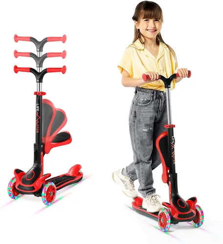 Miniatura 11 de Scooter de 3 ruedas para niños con asiento plegable, altura ajustable del manubrio, juguete de paseo inclinado para conducir para niños a partir