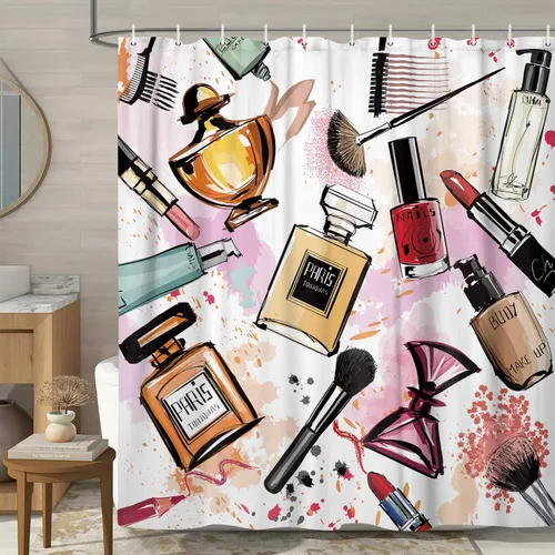 Miniatura 14 de JAWO Cortinas de ducha cosméticas para mujer y niña, elegante perfume de acuarela y lápiz labial, juego de cortinas de baño de tela con ganchos, Azul
